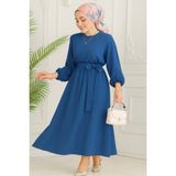 Kadın Giyim Abiye Moda Beli Lastikli Kuşaklı Elbise 2590 - Indigo - 44