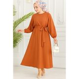 Kadın Giyim Abiye Moda Beli Lastikli Kuşaklı Elbise 2590 - Taba - 38