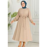 Kadın Giyim Abiye Moda Beli Lastikli Kuşaklı Elbise 2590 - Vizon - 38