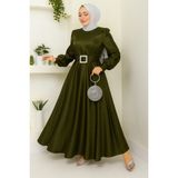 Kadın Giyim Abiye Moda Kemeri Taşlı Uzun Tesettür Saten Abiye Elbise 2753 - Haki - 52