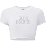 Kadın God's Favorite Kristal Taş Baskılı Crop T-Shirt Beyaz