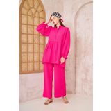 Kadın Gofre Balon Kol Büzgülü Tunik/Beli Lastikli Cepli Pantolon Tesettür Takım 3531350 Fuşya 36