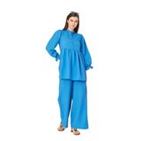 Kadın Gofre Balon Kol Büzgülü Tunik/Beli Lastikli Cepli Pantolon Tesettür Takım 3531350 Mavi 42