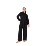 Kadın Gofre Balon Kol Büzgülü Tunik/Beli Lastikli Cepli Pantolon Tesettür Takım 3531350 Siyah 38