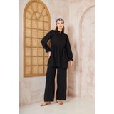 Kadın Gofre Balon Kol Büzgülü Tunik/Beli Lastikli Cepli Pantolon Tesettür Takım 3531350 Siyah 40