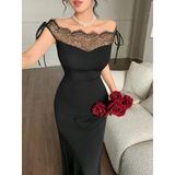 Kadın Göğüs Ve Yakası Dantel Detaylı Kayık Yaka Görünümlü Uzun Ithal Krep Elbise - Siyah / 2Xl-3Xl