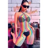 Kadın Gökkuşağı Desenli File Vücut Çorabı Esnek Fantazi Bodysuit