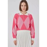 Kadın Gömlek Yaka Crop Baklava Desenli Triko Pembe Kazak