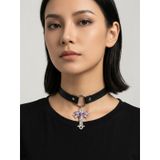 Kadın Gotik Haç Choker Kolye – Siyah Deri Boyunluk, Taşlı Haç Kolye Ucu, Y2K Punk Gothic Kolye GTK1
