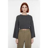 Kadın Gri %100 Akrilik Oversize Selanik Dokuma Bisiklet Yaka İspanyol Kol Crop Triko Kazak