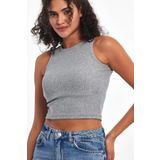 Kadın Gri Fitilli Görünümlü Askılı Kalın Esnek Örme Basic Crop Atlet Bluz