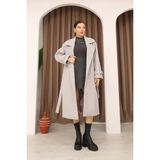 Kadın Gri Kruvaze Oversize Kuşaklı Uzun Kaşe Kaban - 36