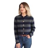 Kadın Gri Lacivert Çizgili Gold Düğmeli Crop Triko Hırka - AKG1353