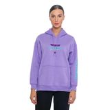 Kadın Gri Oversize 3 İplik Şardonlu Kapüşonlu Sweatshirt – Kol Baskılı Lila XL