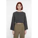 Kadın Gri%100 Akrilik Oversize Selanik Dokuma Bisiklet Yaka İspanyol Kol Crop Triko Kazak -Antrasit-L