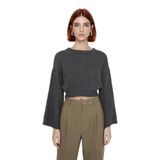 Kadın Gri%100 Akrilik Oversize Selanik Dokuma Bisiklet Yaka İspanyol Kol Crop Triko Kazak -Antrasit-M