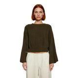 Kadın Gri%100 Akrilik Oversize Selanik Dokuma Bisiklet Yaka İspanyol Kol Crop Triko Kazak -Haki-S