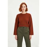 Kadın Gri%100 Akrilik Oversize Selanik Dokuma Bisiklet Yaka İspanyol Kol Crop Triko Kazak -Kiremit-L