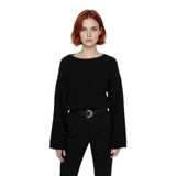 Kadın Gri%100 Akrilik Oversize Selanik Dokuma Bisiklet Yaka İspanyol Kol Crop Triko Kazak -Siyah-S