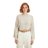 Kadın Gri%100 Akrilik Oversize Selanik Dokuma Bisiklet Yaka İspanyol Kol Crop Triko Kazak -Taş-M