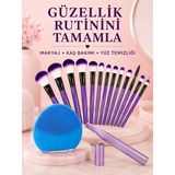 Kadın Güzellik Seti 12’Li Mor Makyaj Fırçası Kaş Düzeltici Ve Silikon Yüz Temizleme Cihazı Cilt Bakım Seti