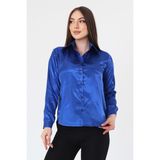Kadın Hafif Dökümlü Sax Mavi Saten Gömlek - 40 - Saks Mavi