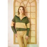 Kadın Haki Bej Uzun Kol Fermuarlı Polo Yaka Color Block Basic Salaş Sweatshirt Bluz 700-3471242