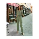 Kadın Haki Düğmeli Cepli Beli Büzgülü Kemerli Kısa Kollu Ceket Yaka Rahat Tulum Yb2622462 2622462