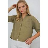 Kadın Haki Keten Görünümlü Crop Gömlek HZL25S-BD1203391 - 42