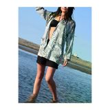 Kadın Haki Saten Cepli Salaş Renkli Desenli Kimono Ceket Yb3250187 3250187