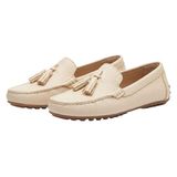 Kadın Hakiki Deri Babet Ayakkabı, Püsküllü Loafer Model, 1 cm Topuklu Termo Taban, Topuk Dikeni Konfor Destekli Dar Kalıp (Bej, EU Ayakkabı Beden Sistemi, Yetişkin, Kadın, Sayısal, Dar, 40)