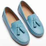 Kadın Hakiki Deri Babet Ayakkabı, Püsküllü Loafer Model, 1 cm Topuklu Termo Taban, Topuk Dikeni Konfor Destekli Dar Kalıp (Mavi, EU Ayakkabı Beden Sistemi, Yetişkin, Kadın, Sayısal, Dar, 39)