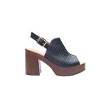 Kadın Hakiki Deri Platform Topuklu Tokalı Sandalet, Siyah, 37