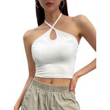 Kadın Halter Yaka Beyaz Renk Bağlamalı Crop Top Bluz (Beyaz, L)
