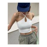 Kadın Halter Yaka Beyaz Renk Bağlamalı Crop Top Bluz