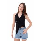 Kadın Halter Yaka Bluz Boyundan Bağlamalı – Tokalı Detaylı, Asimetrik Viskon Bluz – XS-XL (Siyah, XS)