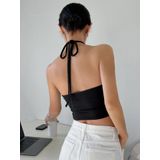 Kadın Halter Yaka Siyah Renk Bağlamalı Crop Top Bluz (Siyah, L)
