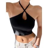 Kadın Halter Yaka Siyah Renk Bağlamalı Crop Top Bluz (Siyah, S)