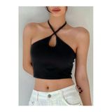 Kadın Halter Yaka Siyah Renk Bağlamalı Crop Top Bluz