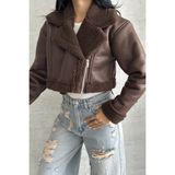 Kadın Içi Kürklü Suni Deri Mont - Crop Biker Deri Ceket - Kahverengi