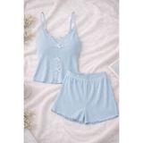 Kadın İnce Askılı Dantelli Fiyonklu Pamuklu Şortlu Pijama Takımı Mavi