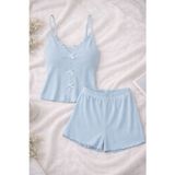 Kadın İnce Askılı Dantelli Fiyonklu Pamuklu Şortlu Pijama Takımı