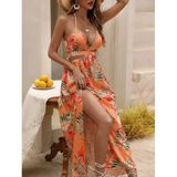 Kadın Ip Askılı Boyundan Bağlamalı V Yakalı Yırtmaçlı Uzun Desenli Süprem Elbise - Turuncu / 2Xl-3Xl