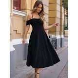 Kadın Ip Askılı Düşük Omuz Detaylı Kalp Yaka Formlu Uzun Kiloş Ithal Krep Elbise - Siyah / 2Xl-3Xl
