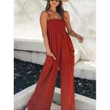Kadın Ip Askılı Göğsü Lastik Detaylı Cepli Uzun Sofya Tulum - Kırmızı / S-M