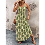 Kadın Ip Askılı V Yakalı Önden Düğmeli Desenli Uzun Süprem Elbise - Yeşil / 2Xl-3Xl