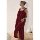 Kadın Ip Askılı Yuvarlak Yaka Yırtmaçlı Uzun Müslim Elbise - L-XL - Bordo