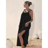 Kadın Ip Askılı Yuvarlak Yaka Yırtmaçlı Uzun Müslim Elbise - L-XL - Siyah
