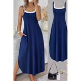 Kadın Ip Askılı Yuvarlak Yakalı Cepli Uzun Viskon Elbise - Lacivert / 2Xl-3Xl