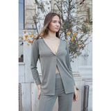 Kadın Ipeksi Esnek Modal Kumaş V Yaka Uzun Kol Omuz Aksesuarlı Düğmeli Uzun Blazer Ceket-Haki - XL